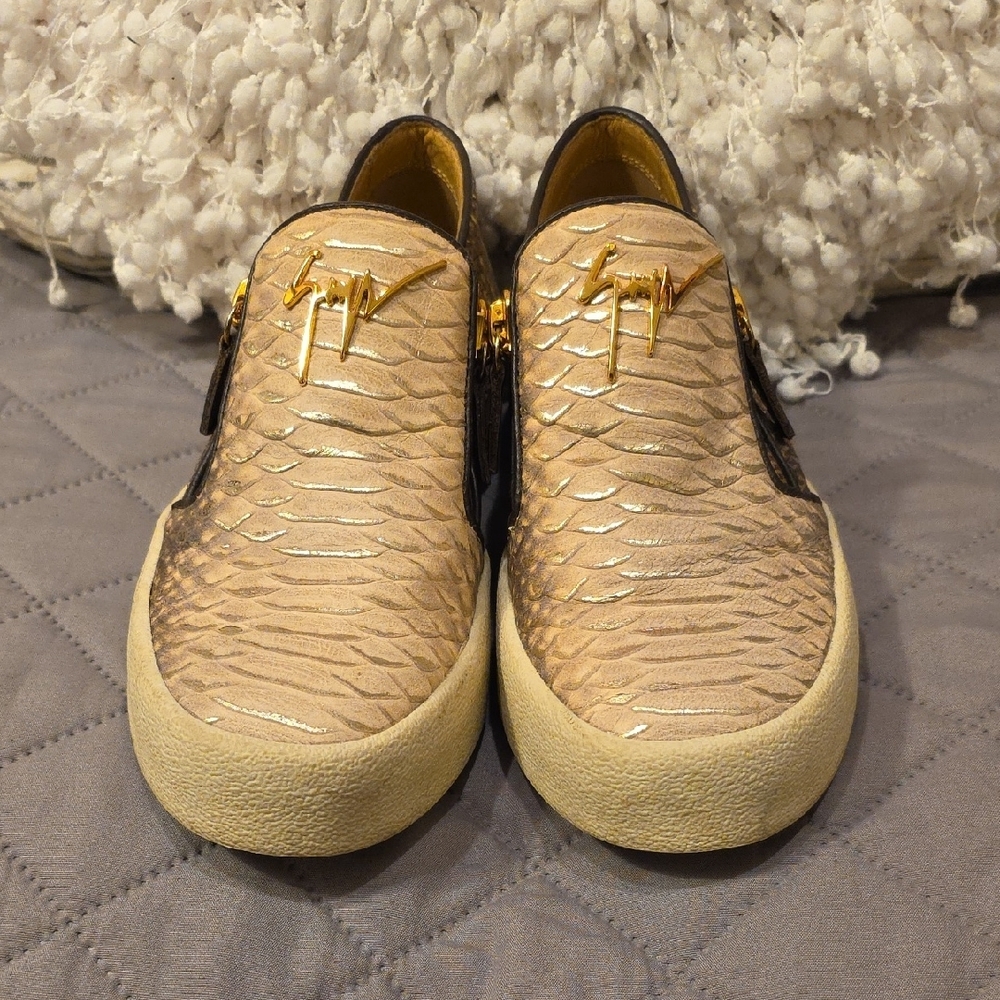 Giuseppe Zanotti Design  Brown and Cream Snakeskin Textured Sneakers - Picture 2 of 16